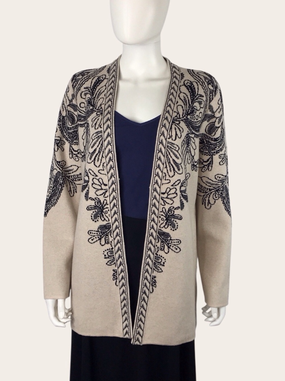 Chico's NWT Beige & Black Cardigan Open-Front  Longline Boho Paisley Sweater